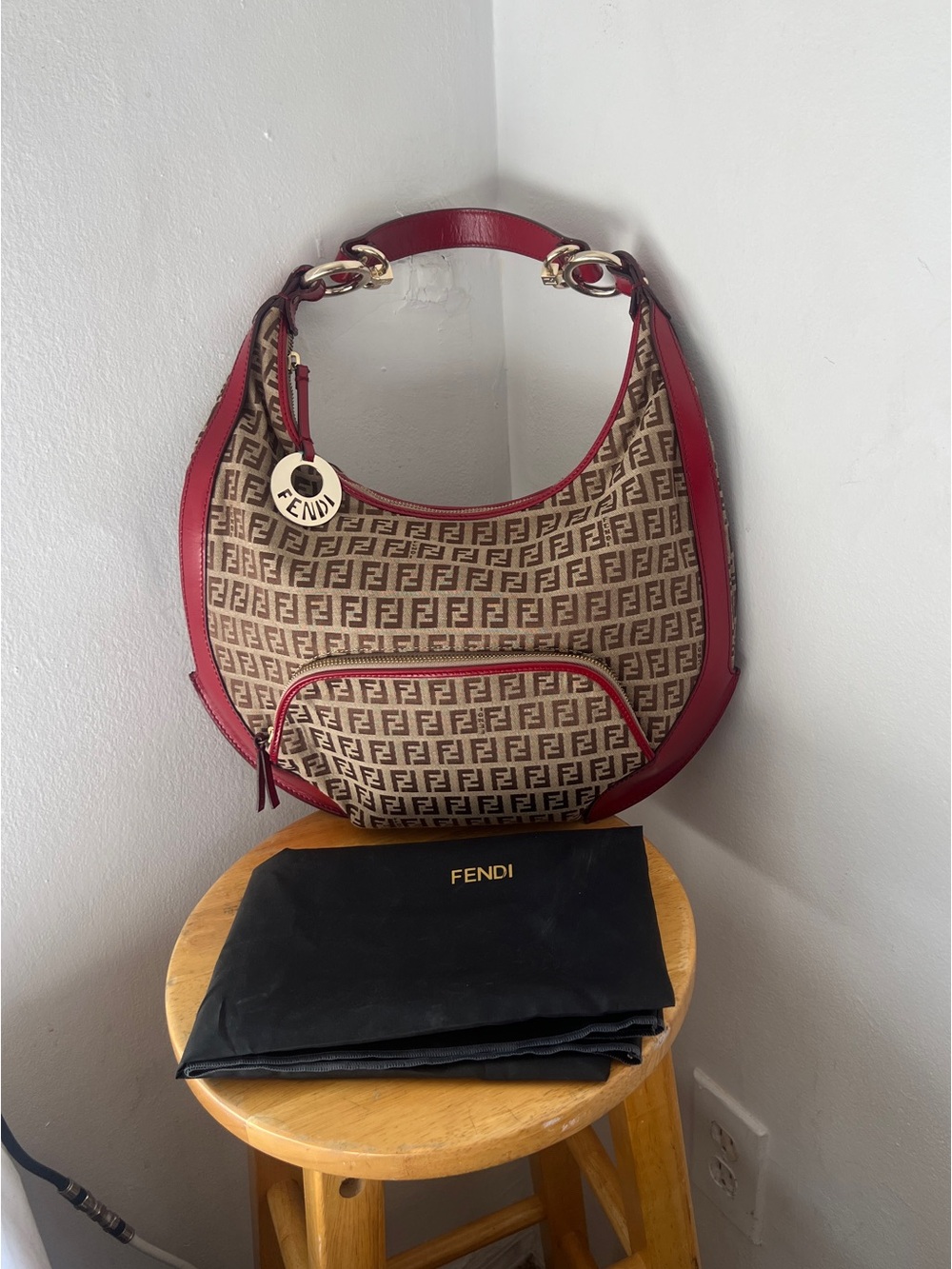BNWOT vintage Fendi Zucchino FF Brown Monogram canvas Chef hobo bag Red Dust bag
